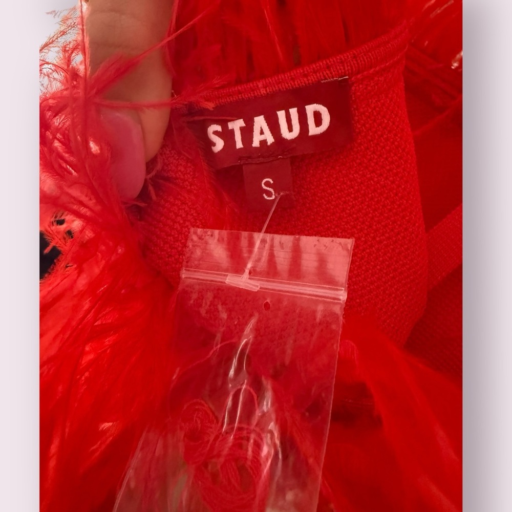 ❤️🔥 STAUD Etta Dress | Size S | Blood Orange Feather Mini ❤️🔥 - Picture 8 of 9